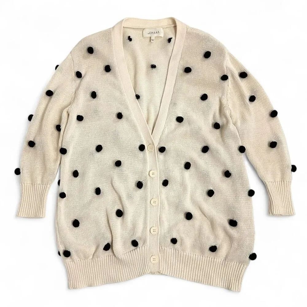The Great The Bobble Cardigan Cream Black Pom Pom Knit Siz 1/ Small Longline
